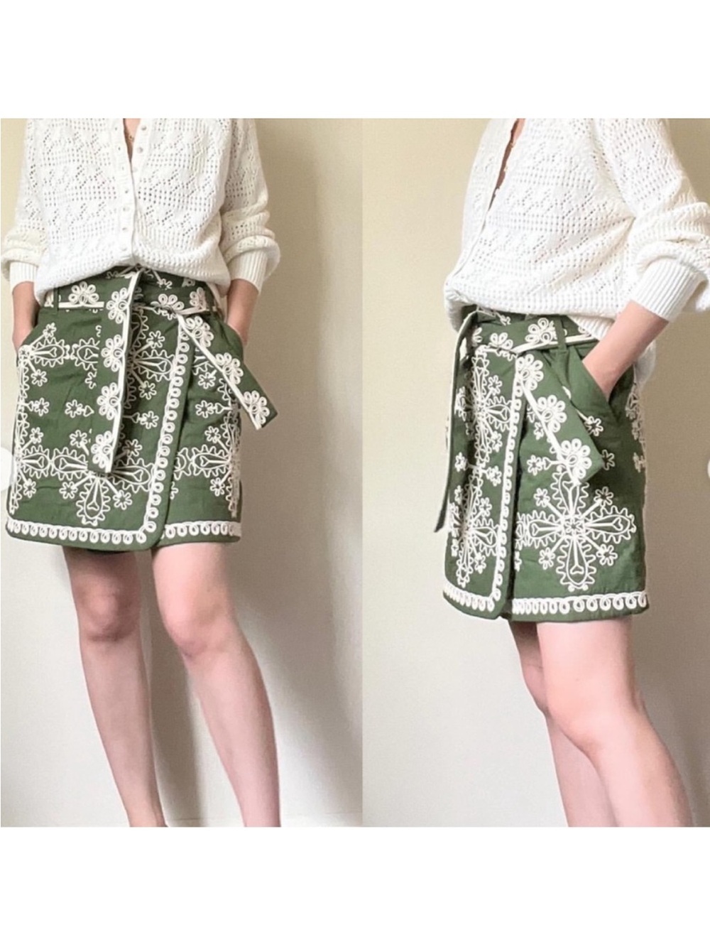 Sézane Leandra Embroidered Wrap Mini Skirt Green Cream Parisian 38921 - Picture 6 of 15